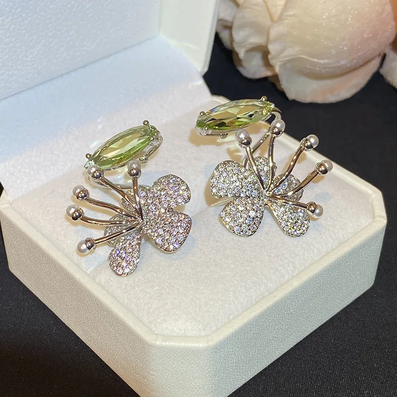 

Flower Stamen Cubic Zircon Crystal Pearl Earring Clip Earrings Temperament Exquisite Fashion Luxurious Women Vintage Jewelry
