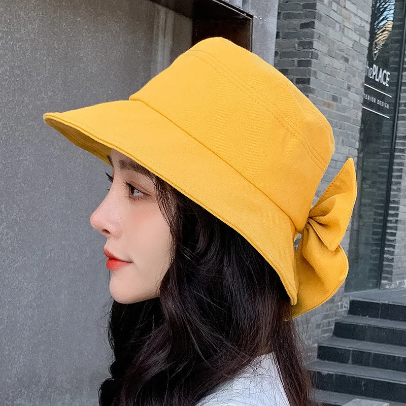 

YRXMYHXT 55-58cm Cotton Polyester Bowknot Large Bucket Hats for Women Summer Outdoor Solid Leisure Blocks Sun Cap Collapsible