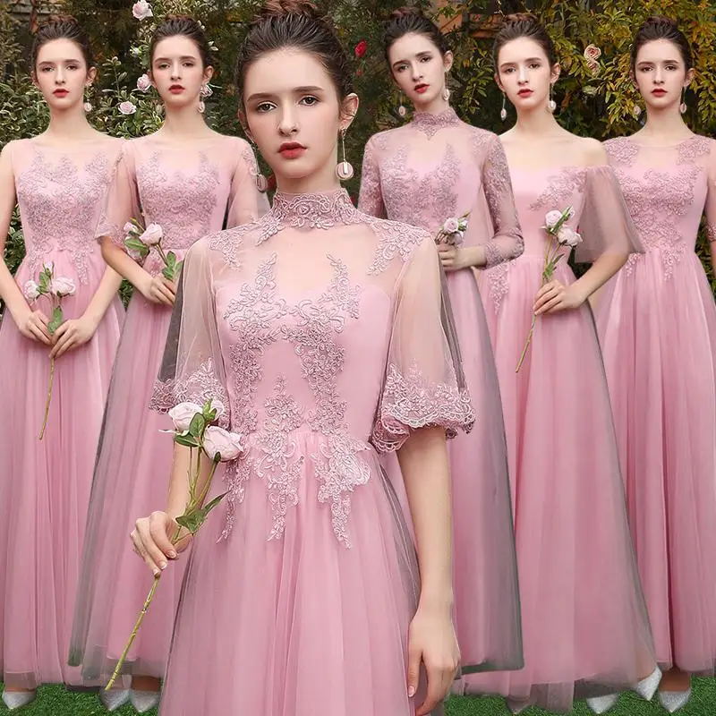

D2169 Sweet Memory Women Long Pink Dress Illusion Lace Sleeve Tulle Bridesmaid Dresses Bride Guest Wedding Party Gown Graduation