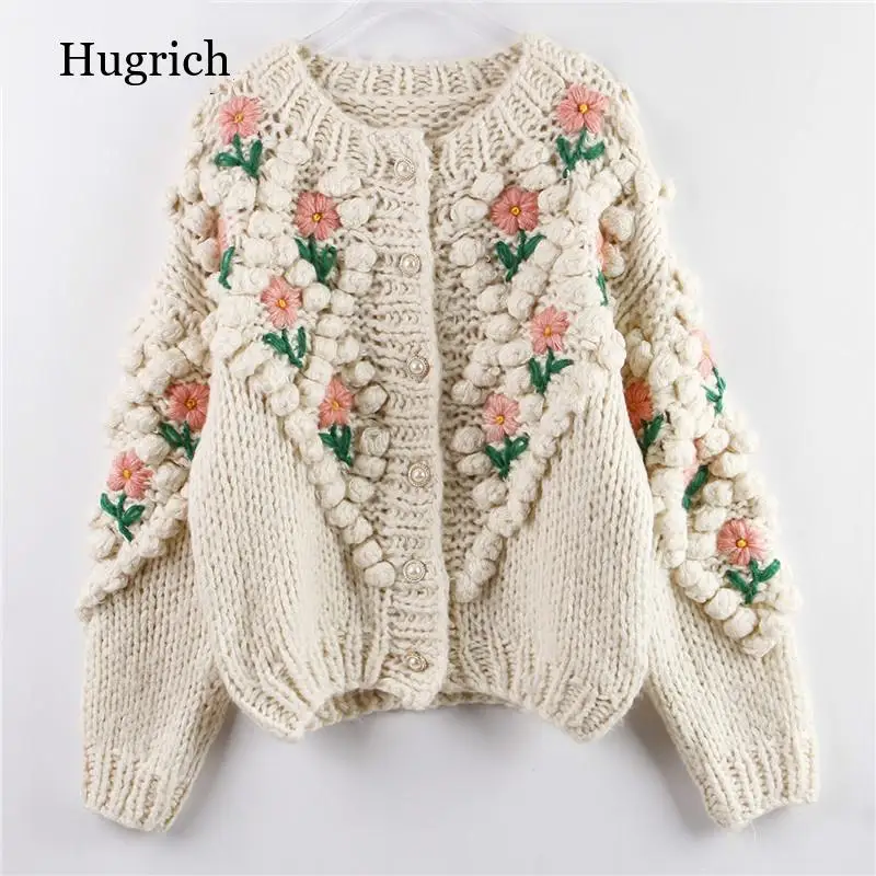 

2021 New Women Winter Handmade Sweater and Cardigans Floral Embroidery Hollow Out Chic Knit Jacket Pearl Beading Cardigans