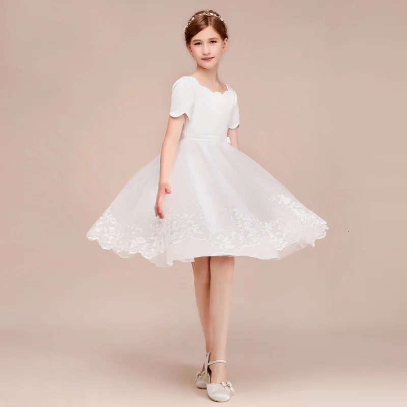 Ball Gown Princess Short White Flower Girl Dresses For Wedding Satin Tulle Girls First Holy Communion Dresses