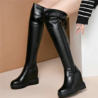 new casual shoes women lace up genuine leather wedges high heel knee high boots female round toe platform thigh high pumps shoes
