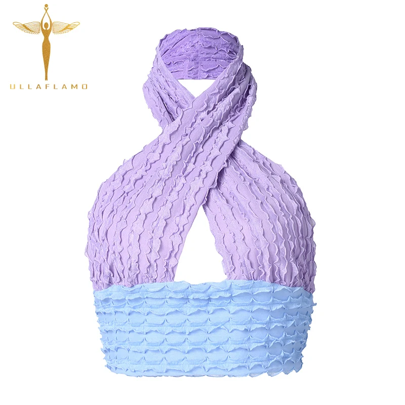 Женский укороченный топ с лямкой на шее фиолетовый лоскутный без рукавов