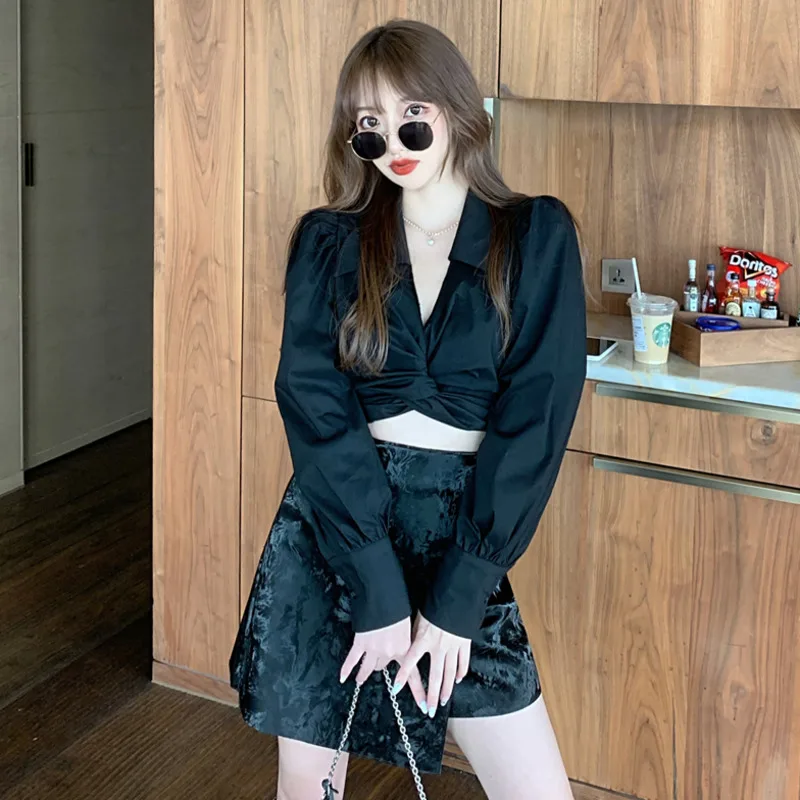 Хипстерская рубашка с отложным воротником и рукавами-фонариками кроп-топ модная