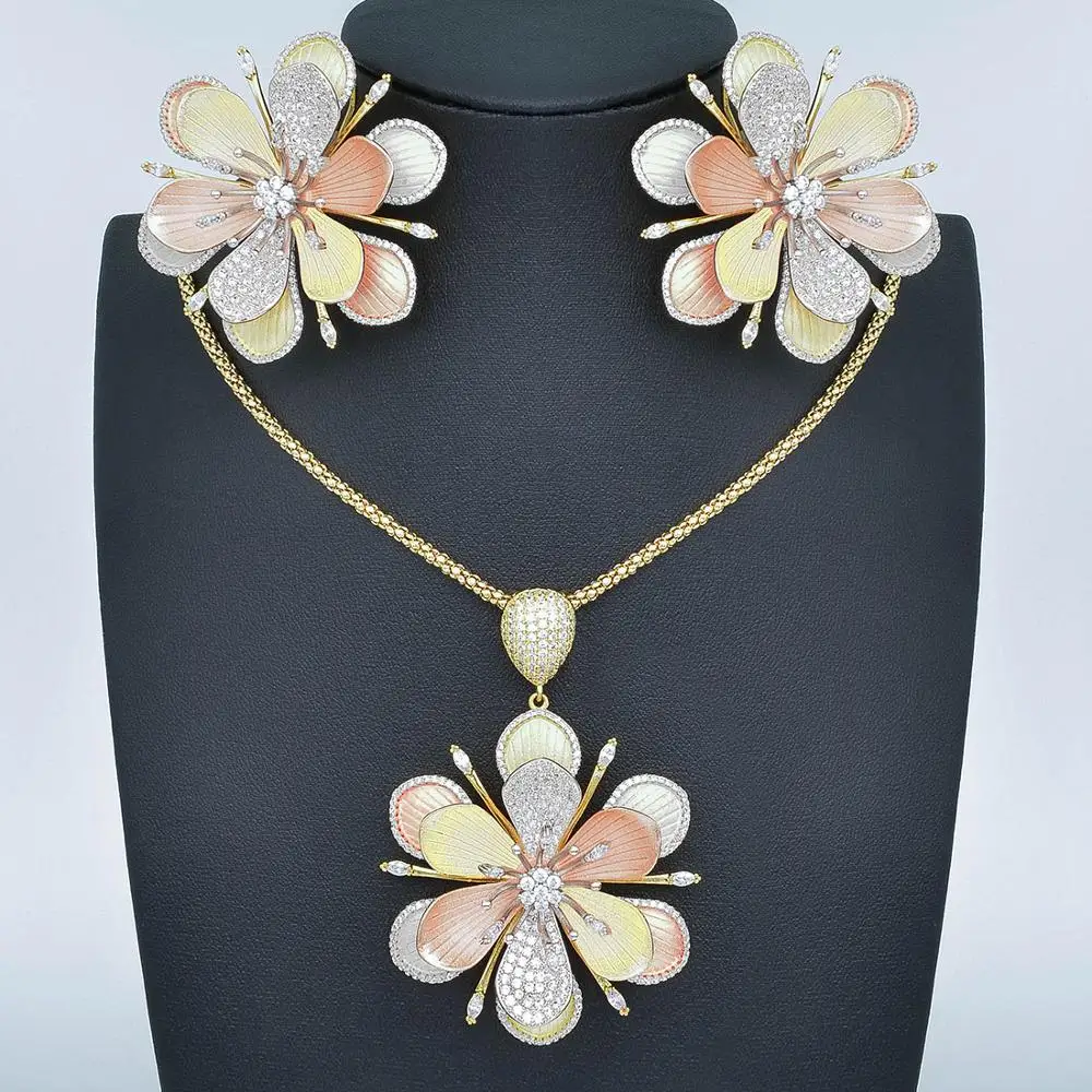 

Newness Luxury Flower 2Pc Earring Necklace Jewelry Set Full AAA Cubic Zirconia women Wedding African Dubai Bridal Jewelry Set