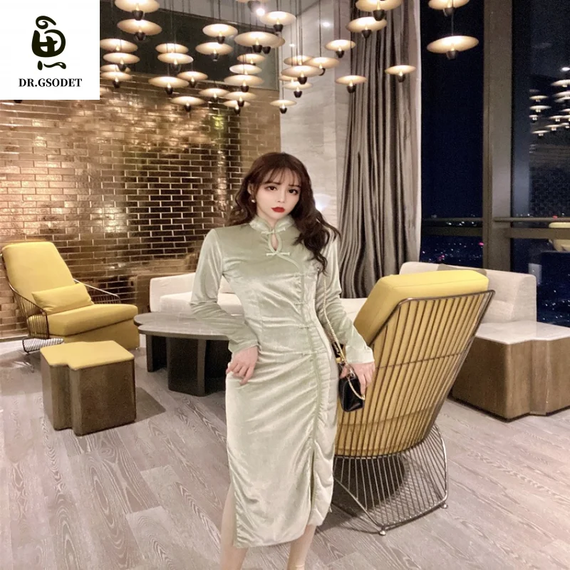 

GSODET Tik Tok Evening Dress for Women Cheongsam Chinese Long Skirt Hip Slit Slim Fit Velvet Sexy Women's Fashion Dresses
