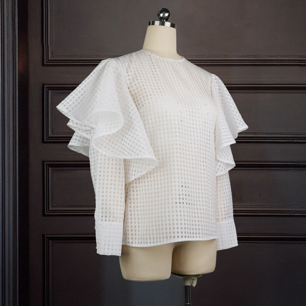 

Women Blouses White Thin Transparent See Through Long Sleeves Ruffles Tops Shirt Plus Size XL Fashion Bluas Party Date Birthday