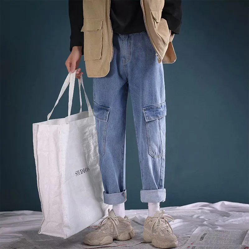 Mens Jeans Korean Fashion Loose Fit Retro Blue Classical Harem Pants Big Small Leg Streetwear Hip Hop Man Jeans