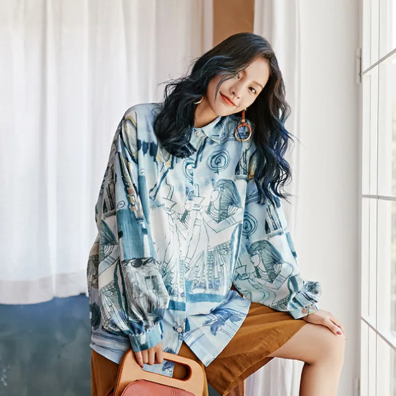 LANMREM абстрактный принт лацканы длинный рукав свободная женская рубашка