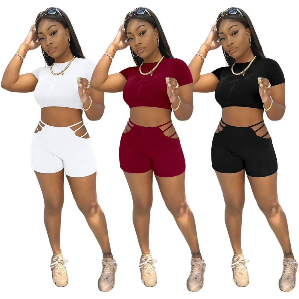 

Zoctuo Shorts Sets Women 2 Piece Outfits Sexy Casual O Neck Short Sleeve Top Hollow Out Shorts Set Slim High Waisted Shorts Set