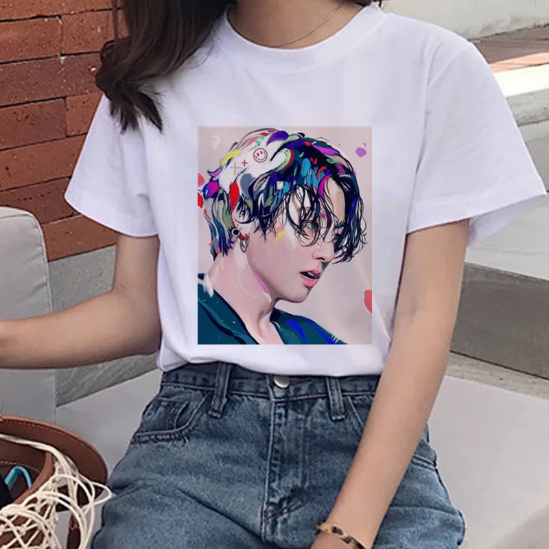 

Bulletproof Youth League Print White black T-Shirt Ms. Korea Harajuku JIN SUGA J HOPE JIMIN V JUNGKOOK Cartoon Girl Top T-Shirt