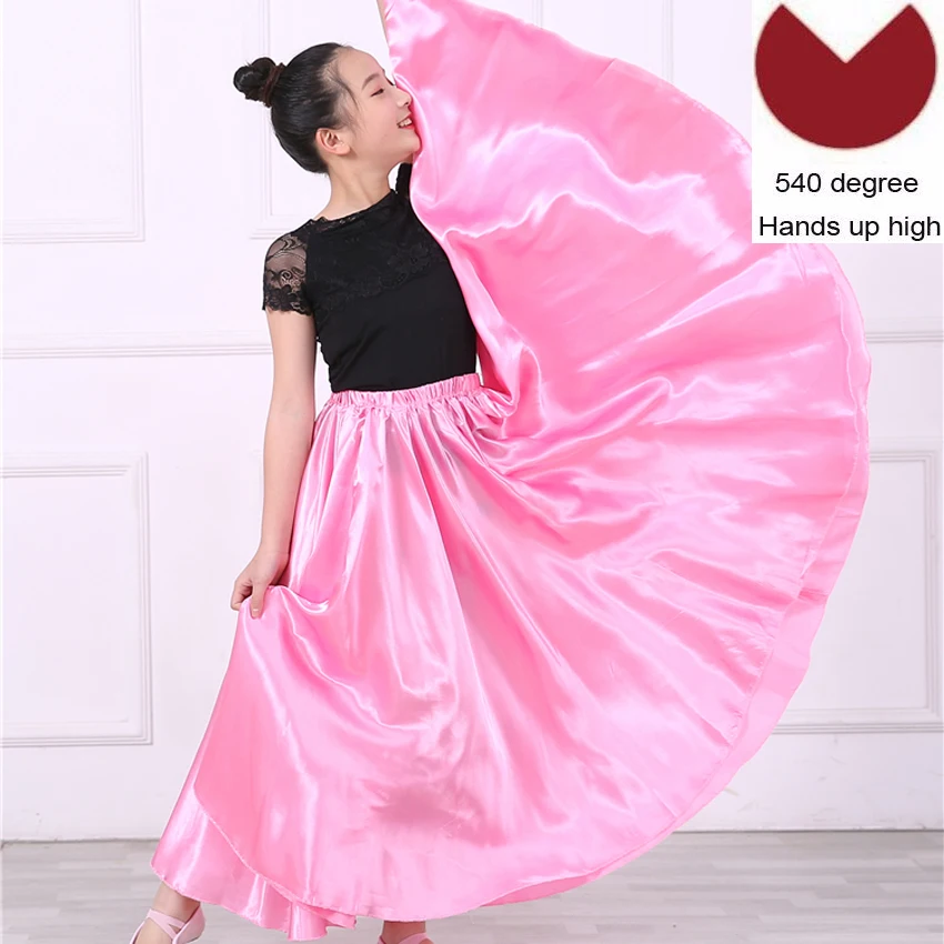 Pink 540 degree Атласная, шелковая, гладкая, цыганская, детская, для девочек, для фламенко, юбка для танцев, Восточная Индия, Одежда для танцев, испанские бальные костюмы - Цвет: Pink 540 degree