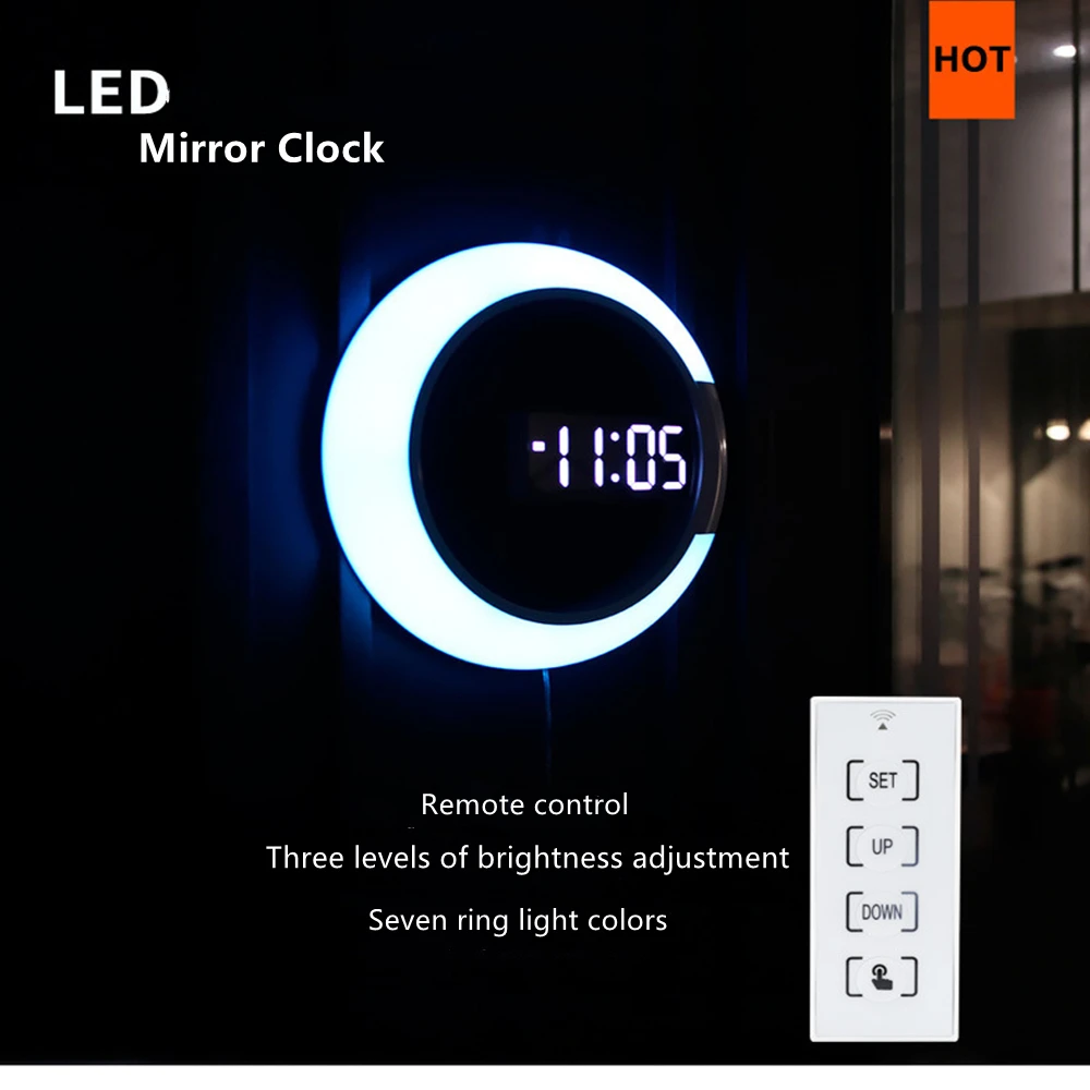 

Светодиодные цифровые часы с дистанционным управлением, креативные настенные 3D часы с будильником и кольцом для измерения температуры, ноч...