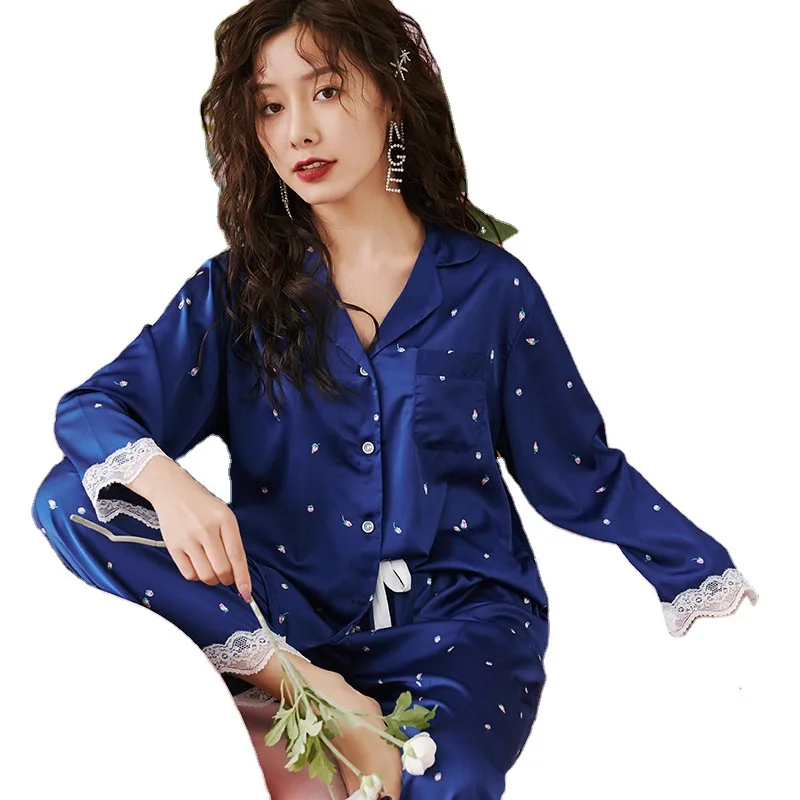 

Printing Blue Pajamas Suit Sexy Lace 2pcs Sleep Set Nightwear Intimate Lingerie Spring Summer New Home Clothing Pyjamas