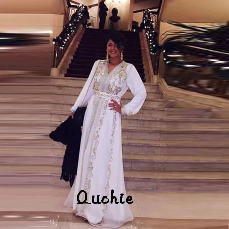 

White Moroccan Kaftan Mother Bride Dresses Chiffon Full Sleeve Appliques Arabic Muslim Special Occasion Formal Party Gown