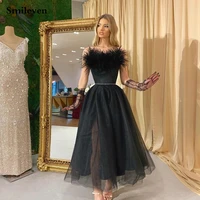 smileven blace a line prom dress organza feather evening party dresses 2021 tea length special occasion gowns