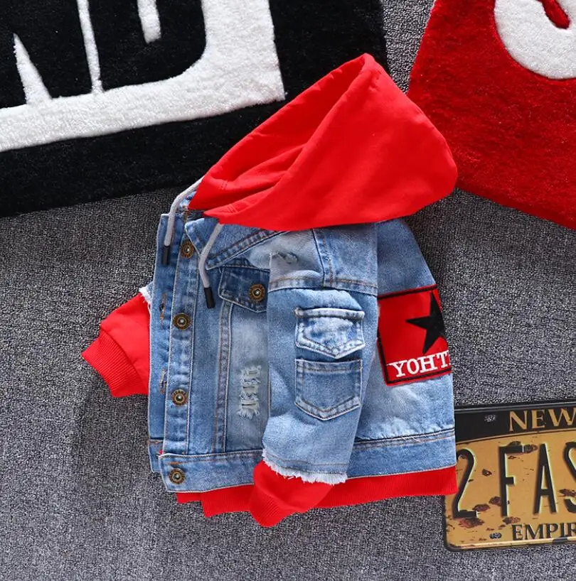 

Spring and Autumn Boy and Girl Fashion Splice Denim Jackets Kids Long Sleeve Jeans Coat Hooded Clothes for 1-6T Children