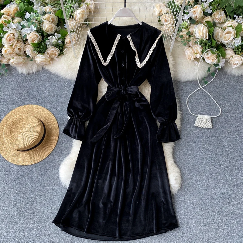 

Vintage Black Velvet Party Dress For Women Lace Turn Down Collar Flare Long Sleeve Single Breasted Sashes Midi Dresses Vestidos