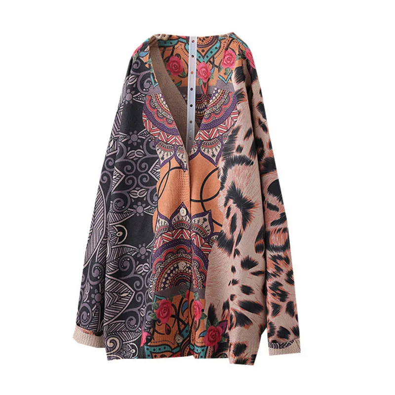 

2021 Chinese New Fashion Style Ladies Spring Loose Sweaters Women Printed Cardigans Knitted Leopard Knitwear Plus Size Chandail