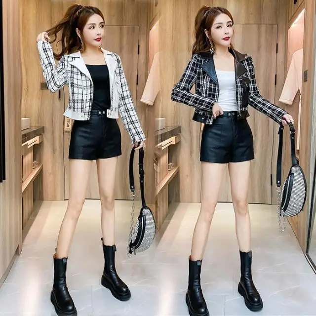 Women New 2021 Spring Autumn Vintage Plaid 3 Three Piece Sets Female Short Jacket and Shorts Set Ladies Fashion Slim Suit C320