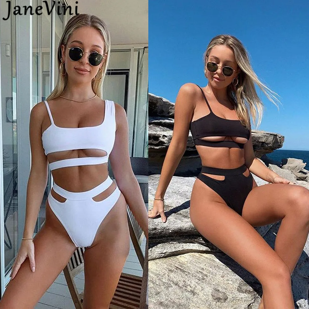 

JaneVini Ropa Sexy Mujer Tanga Bikini Set 2 Piece Women Bathing Suits White Black Beachwear Swimsuits Swimwear String Femme 2021