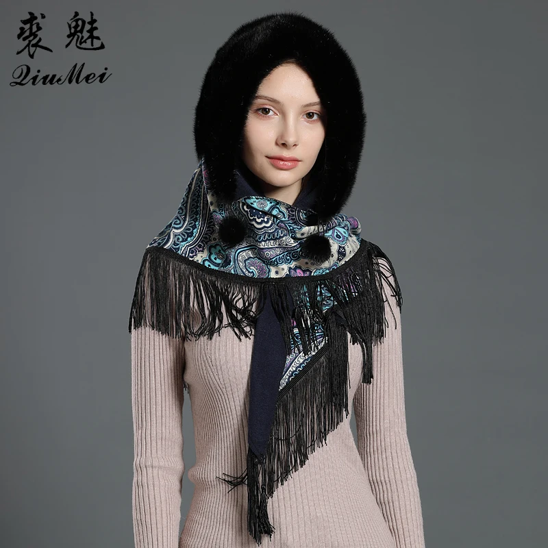 

Muslim Scarf Hat Real Mink Fur Winter Ladies Flower Tassels Warm Windproof Wrap Ears Hold New 2020 Black Natural Fur Shawl Women