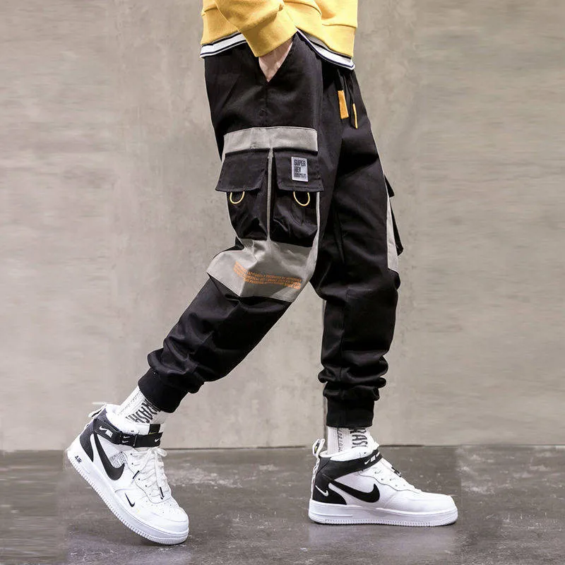 

Cargo Pants Men Loose Hip hop Streetwear Joggers Korean Pocket Patchwork Harem Pants Ankle length Trousers Techwear Males