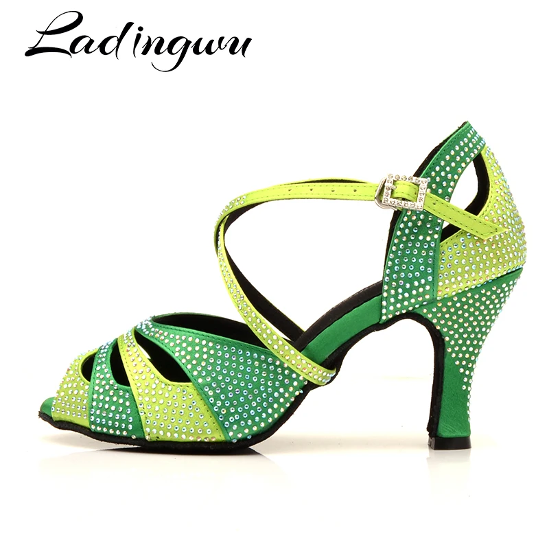 Ladingwu Rhinestone Dance Shoes Latin Salsa Girls Dark Green Light Gradient Women Pink Small mouth | Спорт и развлечения
