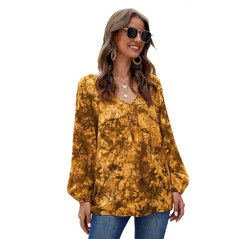 Spring Tie-dye Casual Long-sleeved Red Women's V-neck Blouse, Loose Polyester Plus Size Long-sleeved Shirt for Women Streetwear