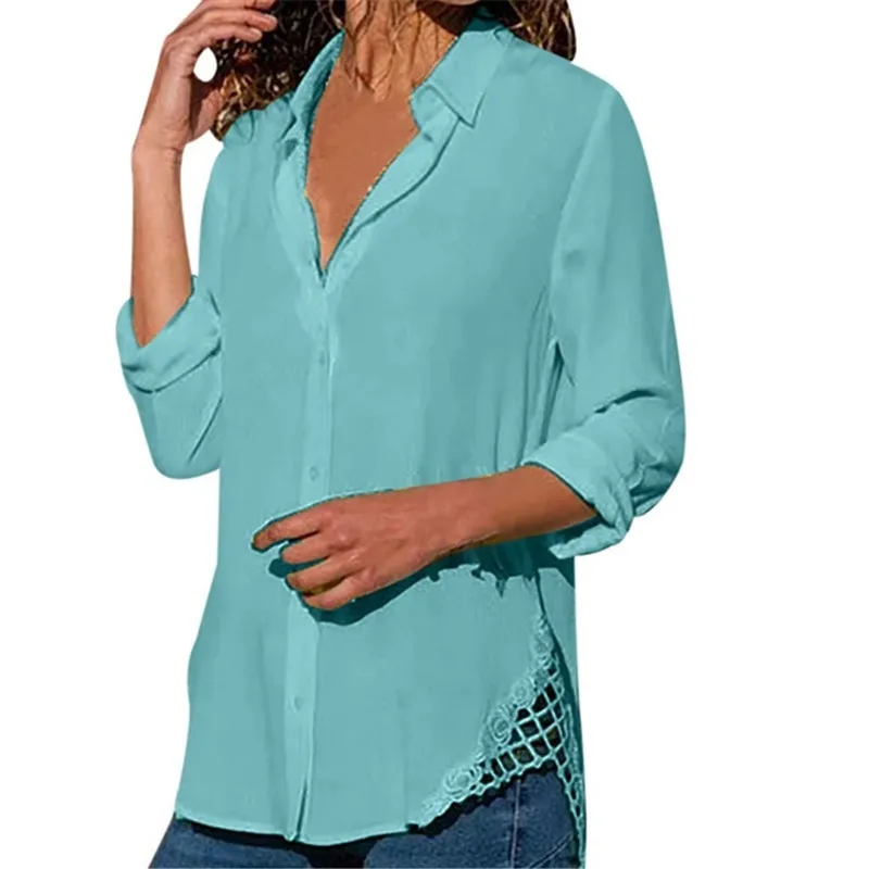 

Donsignet Fashion Women's Blouse New Summer Casual Lapel Pullover Pure Color Lace Loose Plus Size Long Sleeve Blouse Chiffon