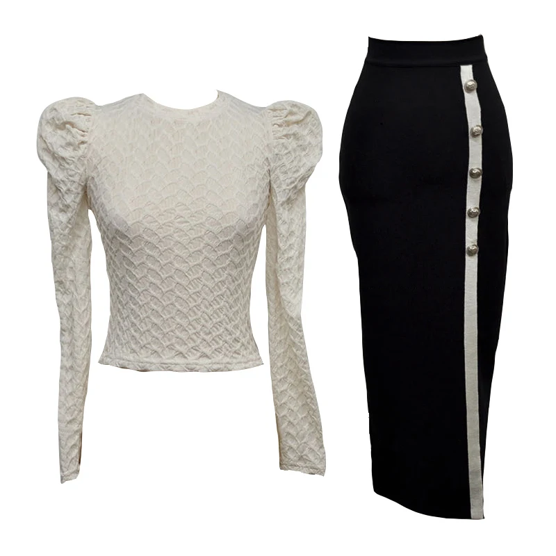 

new arrival fashion winter knitting set women OL professional temperament bouncy white top and black midi skirt two piece set