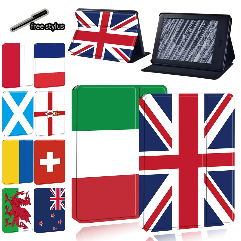 

For Amazon Kindle 8th /10th/Kindle Paperwhite 4/1/2/3 Tablet Case Printed National Flag Leather Stand Cover Case + Free Stylus