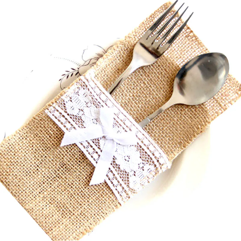 Вилки для ножей из Сумка посуды джутовой мешковины лента с кружевом винтажные
