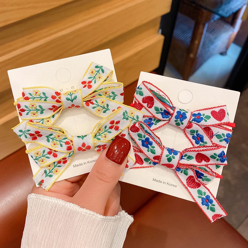 

New Girls Embroidered Flowers Bowknot Heart Hair Rope Cute Double Ponytail Hair Tie Head Rope Rubber Band Kids Hair Accessories