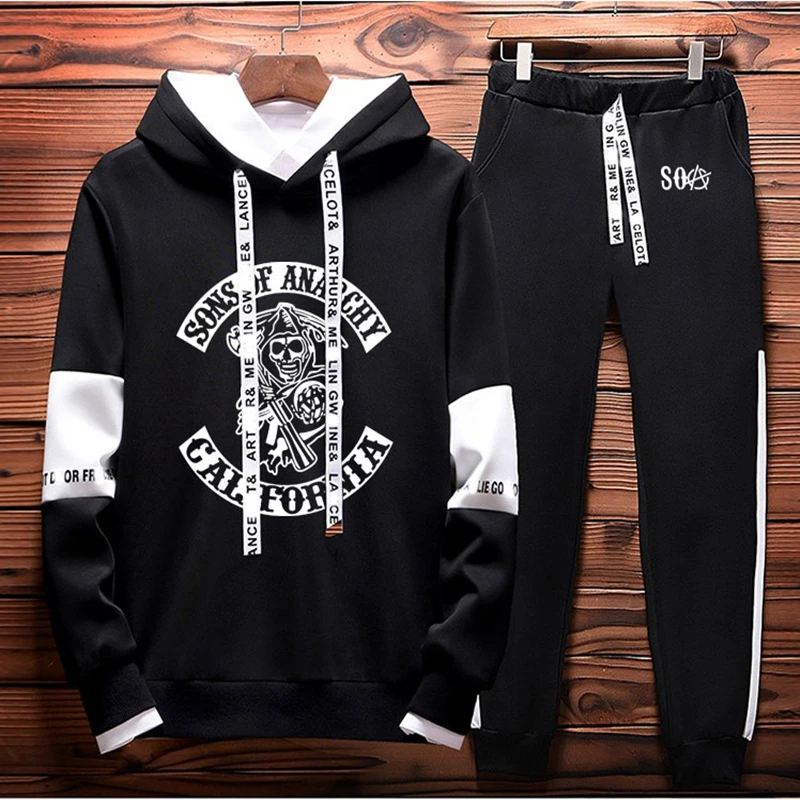 

The New Men's hoodie SOA Sons of Anarchy Skull Spring Autumn Casual pullover High Quality Cotton Men Hooded pants 2 piece set