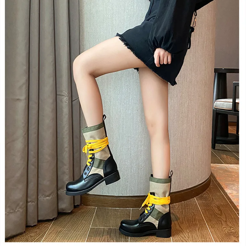 Jual Sepatu Bot Wanita Pertengahan Betis Warna Campuran Musim Gugur Musim Dingin Sepatu Martin Ujung Bundar Berenda Hak Sedang N24