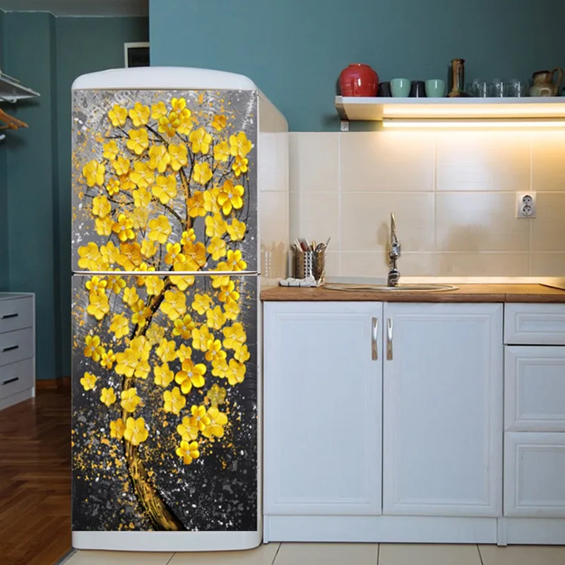 

Flower Refrigerator Sticker PVC Peel and Stick Wallpaper Home Decor Mushroom House Door Mural Waterproof Kitchen Fridge Design