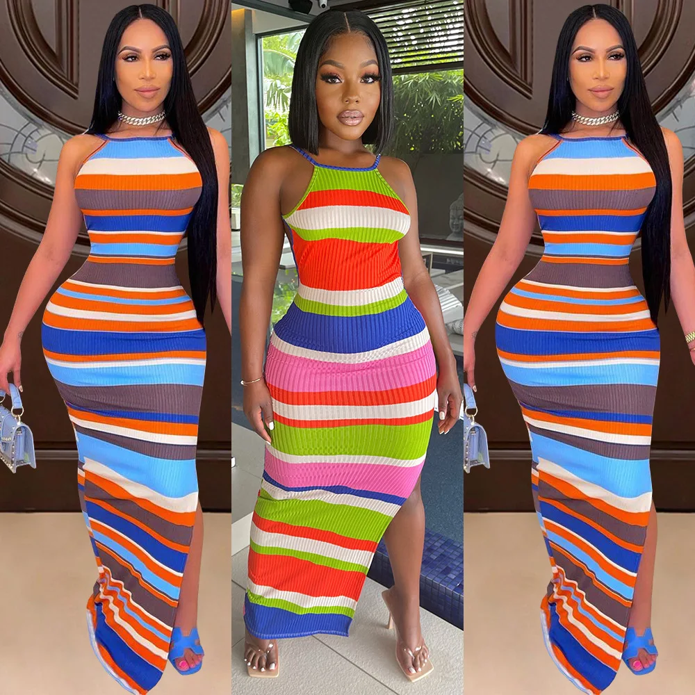 

G8094 2021 Summer new sling halter striped one-piece long skirt dress