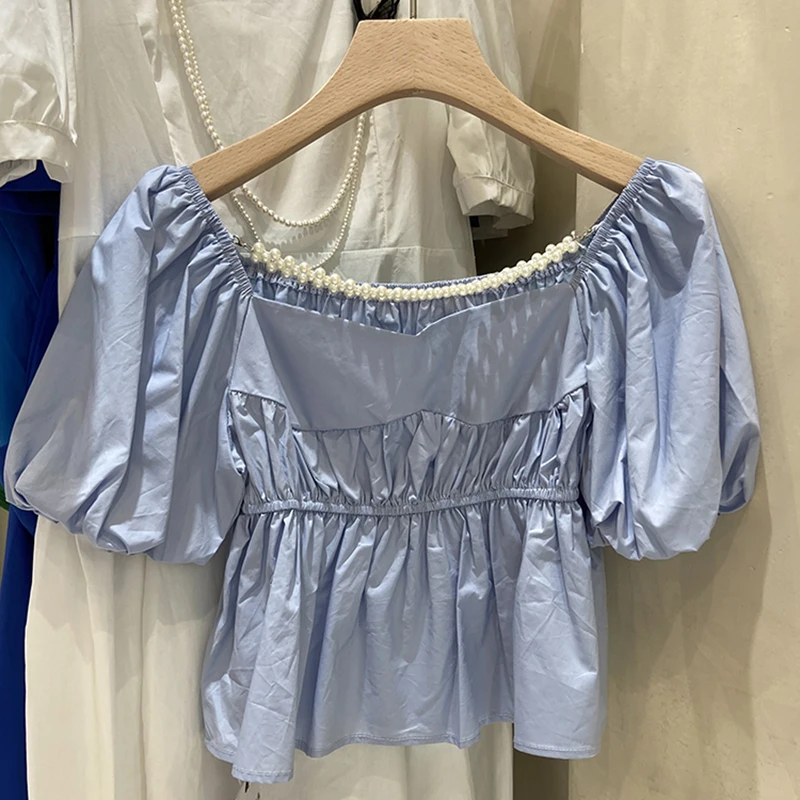 

GALCAUR Ruched Casual Shirts For Women O Neck Puff Short Sleeve Slimming Elegant Blouses Female Summer Clothing 2021 Fashion New