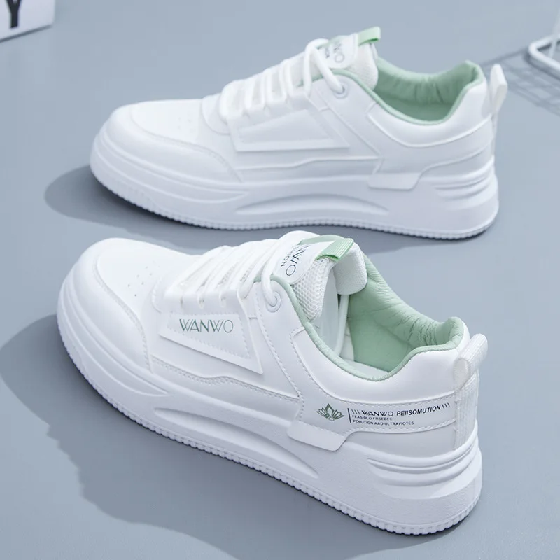 

2021 Soft PU Leather Thick Sole Women Sneakers Platform Casual Vulcanized Shoes Comfort Design White Flat Female Sports Shoes
