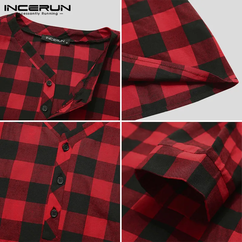 

INCERUN 2021 Plaid Men's Sleep Robes Soft Loose Loungewear Long Sleeve V Neck Leisure Long Pajamas Men Nightgowns Cozy Homewear