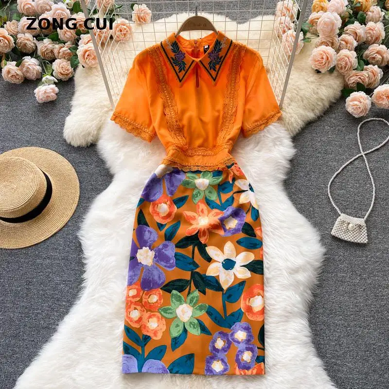 

Elegant dress women turn down collar lace patchwork print slim Office Lady knee length dress new summer vestidos runway dresses