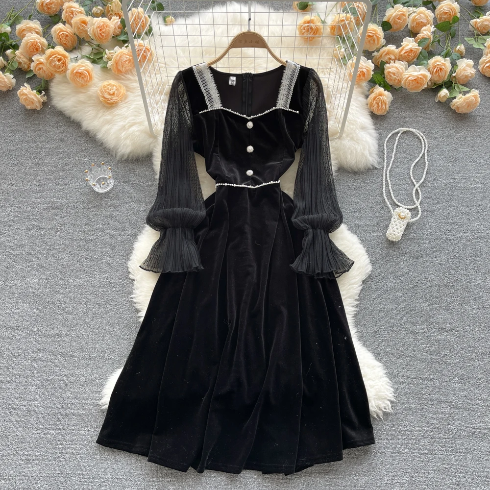 

Женское бархатное платье с длинным рукавом, черное винтажное платье составного кроя с высокой талией, расшитое бисером, осень