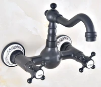 black oil rubbed antique brass bathroom kitchen sink basin faucet mixer tap swivel spout wall mounted dual cross handles mnf473