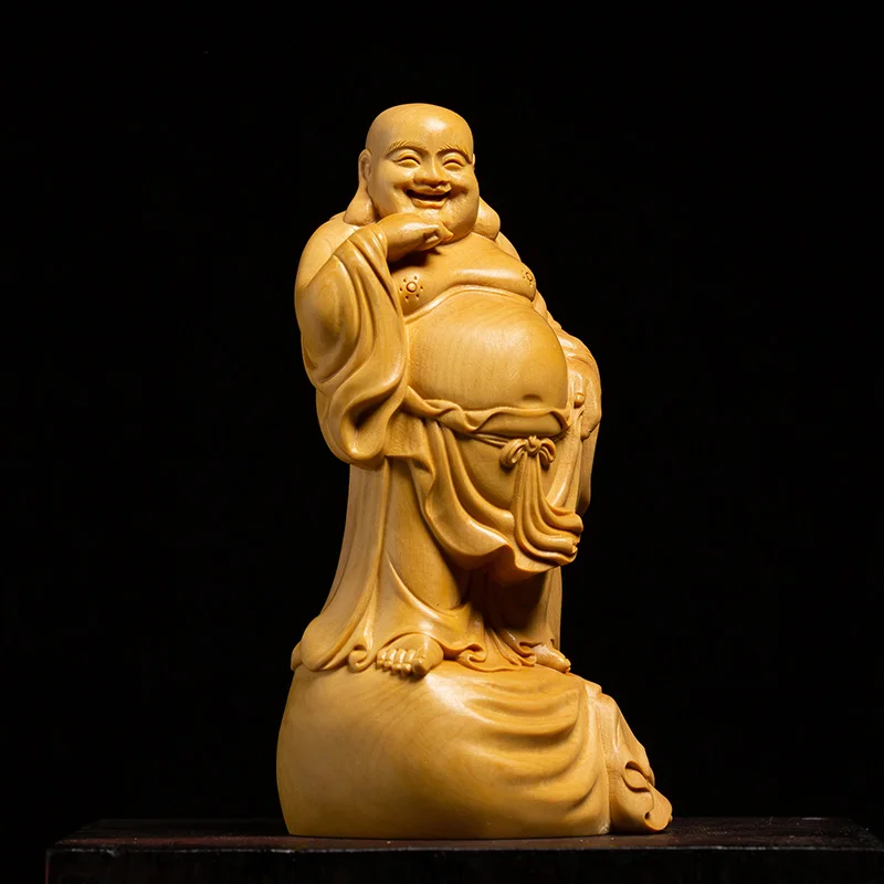 Большой живот MAITREYA статуя Будды BOXWOOD резные желтые деревянные украшения семья