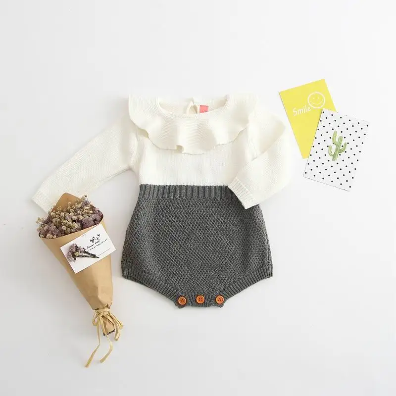 

Spring Autumn Baby Girls Bodysuits Peter Pan Collar Knitted Cotton Long Sleeve One Piece Jumpsuits Overalls 0-3Y E71057
