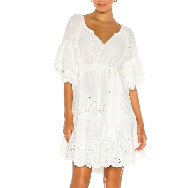 

TEELYNN Ruffles Flare Sleeve Short Lace Dresses For Women Tunic Cotton White Floral Embroidery 2021 Summer Dress Loose Boho Robe
