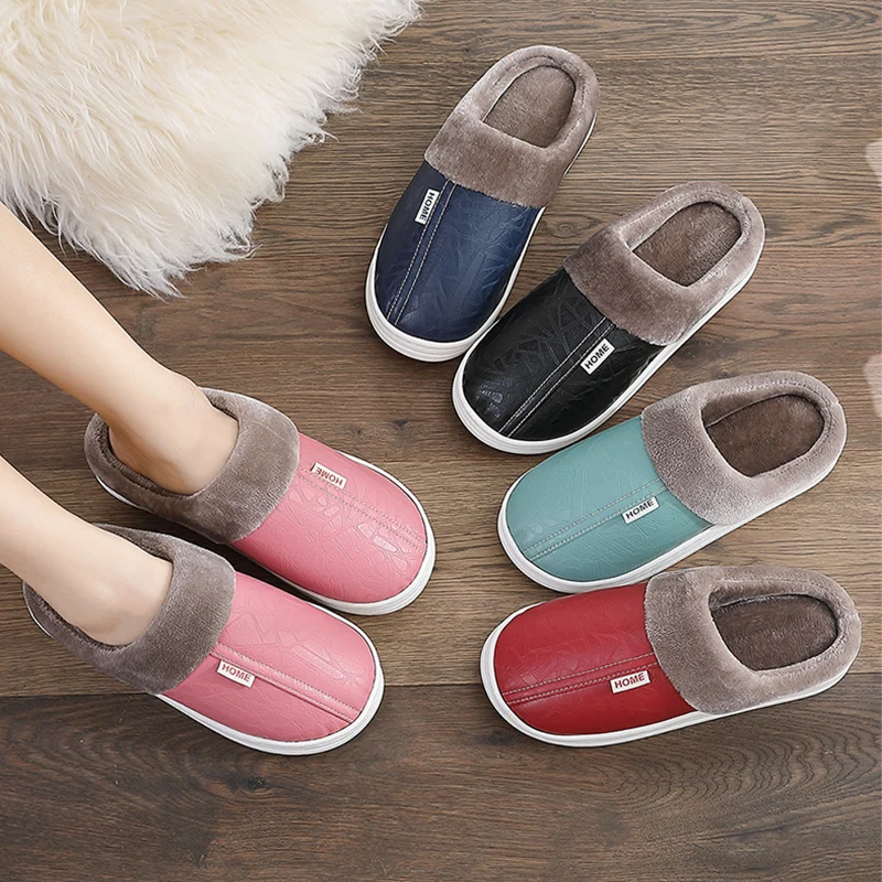 

Women Slippers Indoor Leather Winter Waterproof Warm Home Fur Lady Slippers Men's Couples Shoes Large Size Non-Slip Fur Slippers