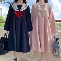 a line dress women sweet kawaii japanese style college autumn new sailor collar patchwork bow fashion leisure loose popular chic