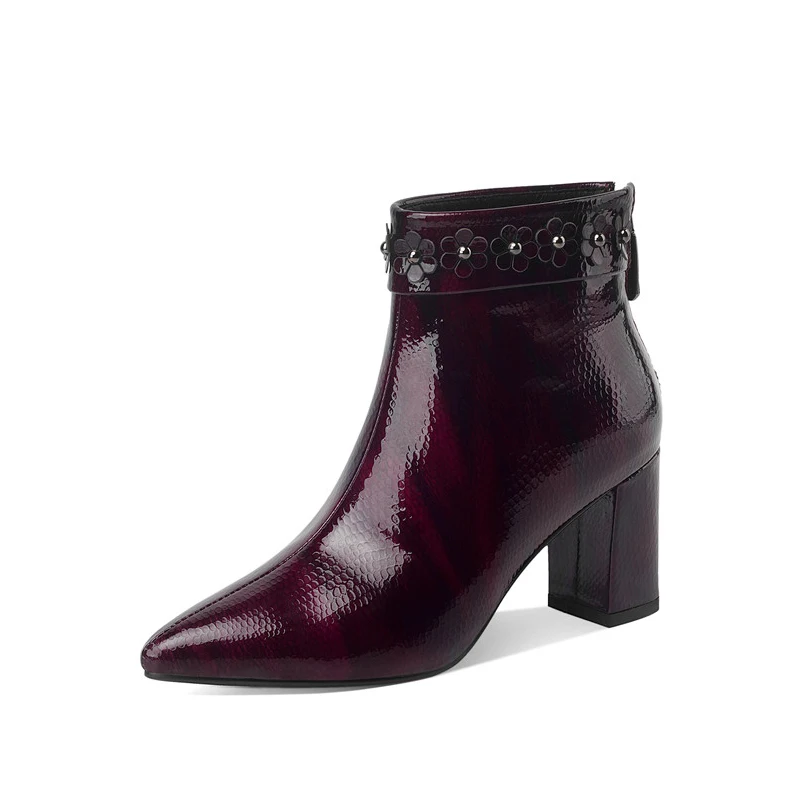 

FOREADA Pointed Toe Ankle Boots Real Leather High Heel Woman Boots Flower Thick Heel Short Boots Zip Female Shoes Wine Red 34-40